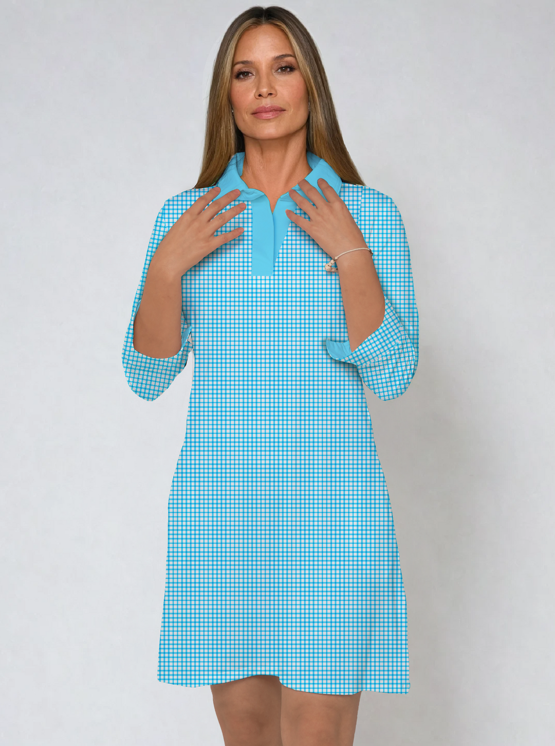Check Print Cotton Knit 3/4 Sleeve Polo Neck Dress (Regular Fit)