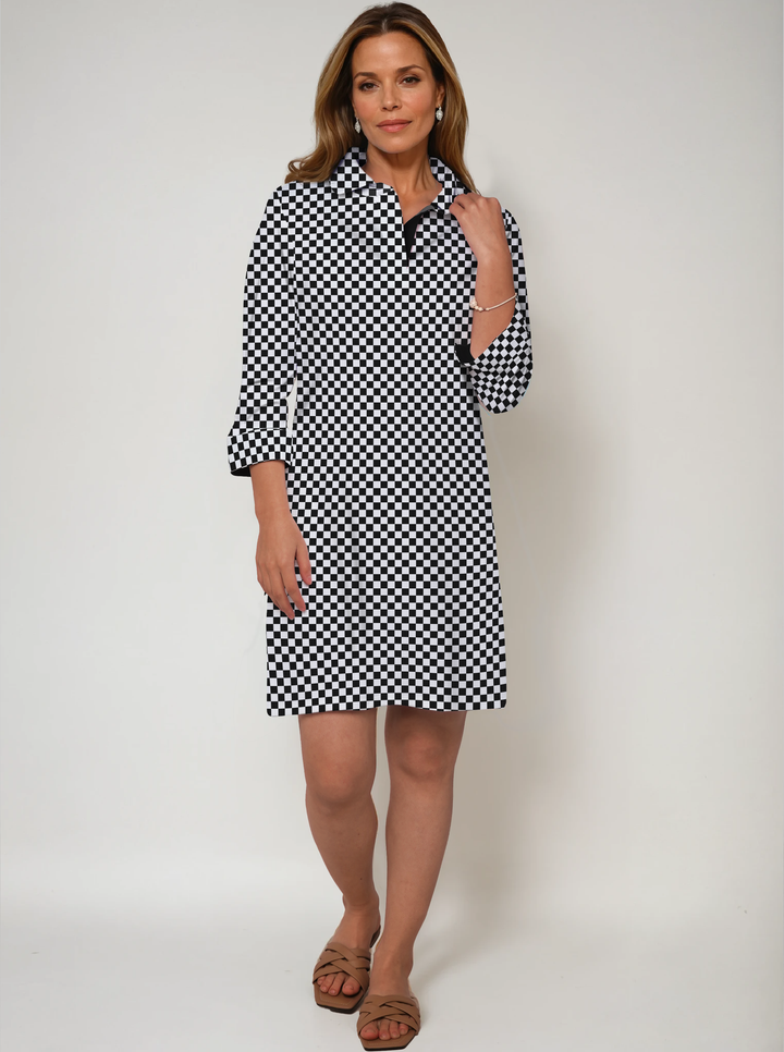 Checkered Print Cotton Knit 3/4 Sleeve Polo Neck Dress (Regular Fit)