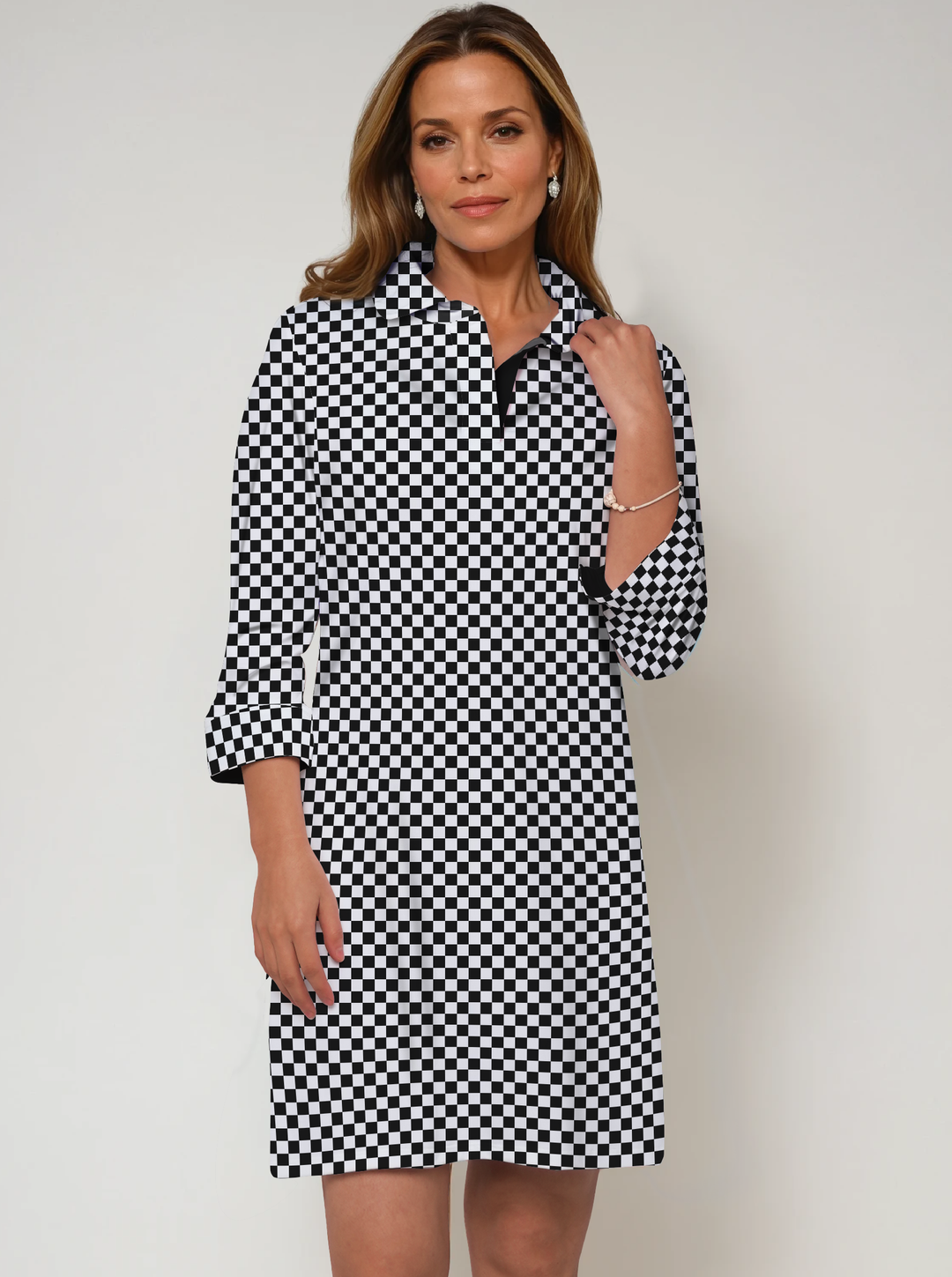 Checkered Print Cotton Knit 3/4 Sleeve Polo Neck Dress (Regular Fit)