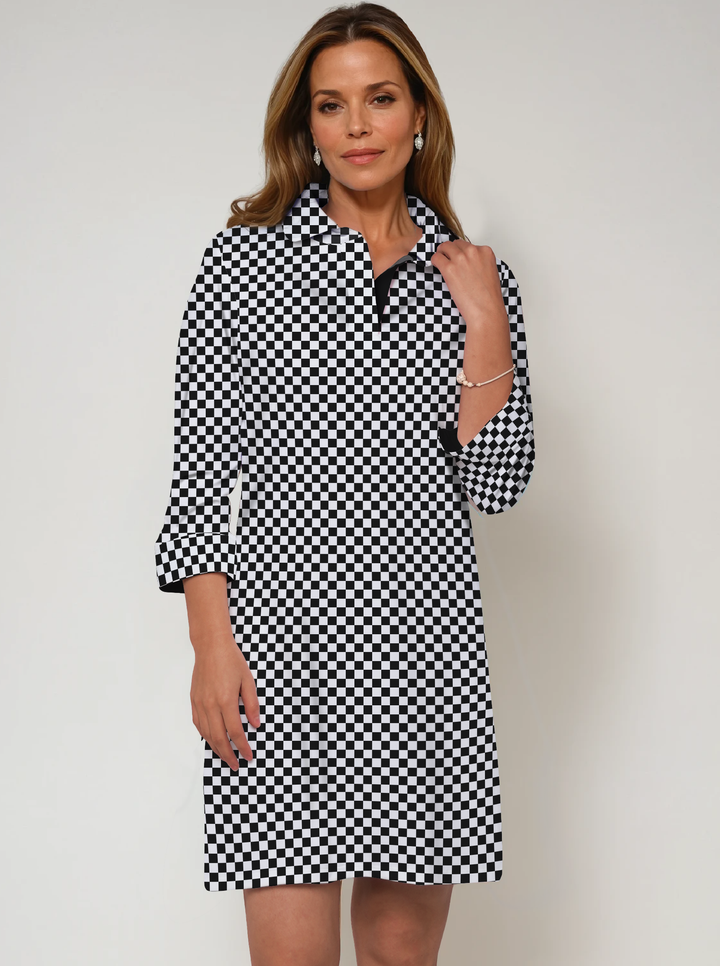 Checkered Print Cotton Knit 3/4 Sleeve Polo Neck Dress (Regular Fit)
