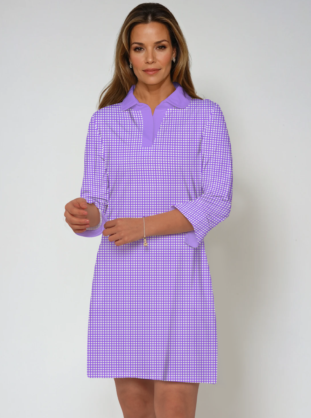 Check Print Cotton Knit 3/4 Sleeve Polo Neck Dress (Regular Fit)