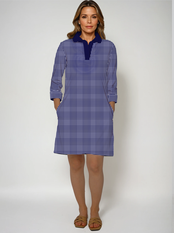 Check Print Cotton Knit 3/4 Sleeve Polo Neck Dress (Regular Fit)