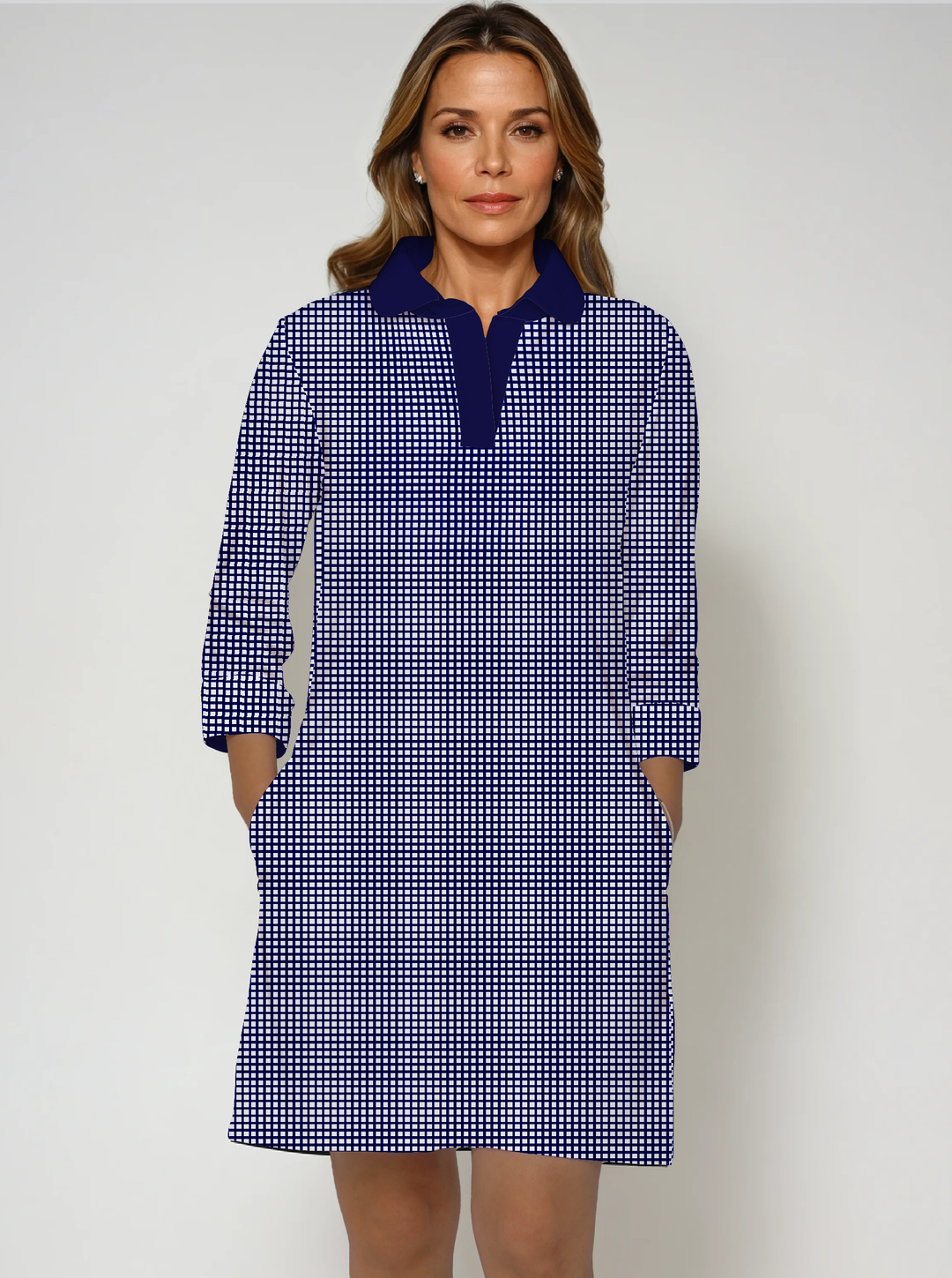 Check Print Cotton Knit 3/4 Sleeve Polo Neck Dress (Regular Fit)