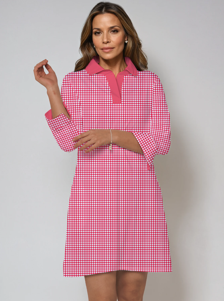 Check Print Cotton Knit 3/4 Sleeve Polo Neck Dress (Regular Fit)