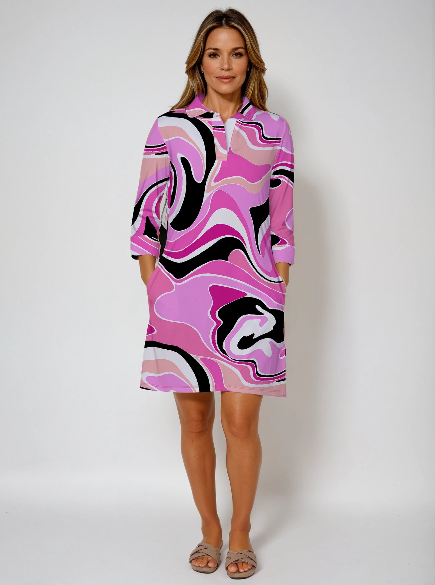 Nylon 3/4 Sleeve Polo Neck Dress