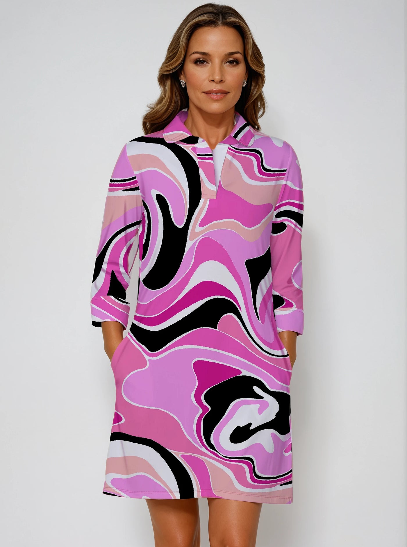Nylon 3/4 Sleeve Polo Neck Dress
