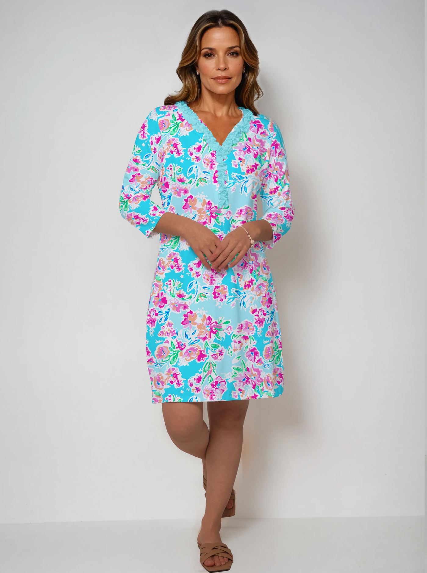 Nylon 3/4 Sleeve Frill Neck Dress