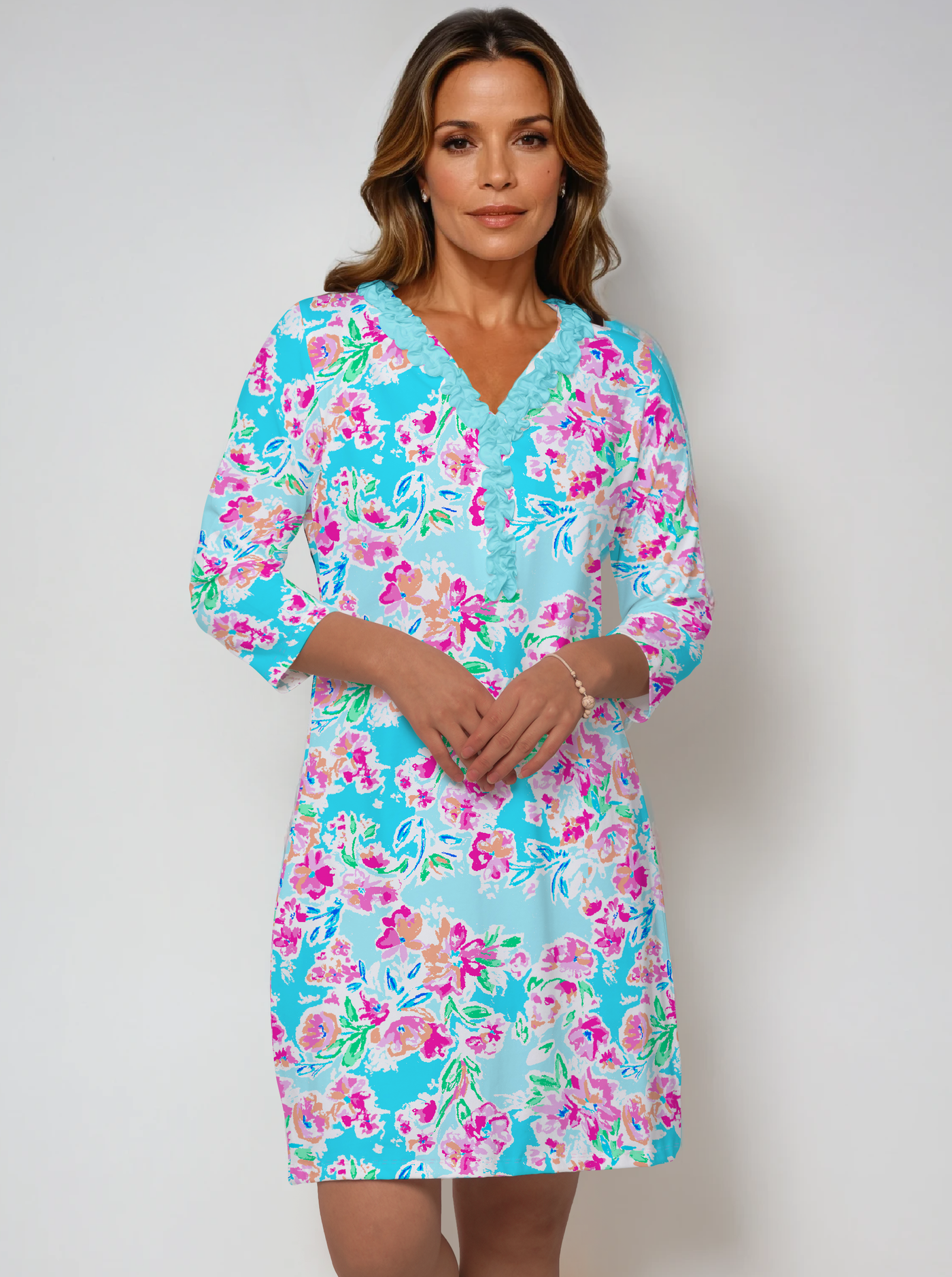 Nylon 3/4 Sleeve Frill Neck Dress