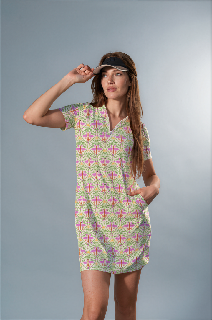 Flamingo Palm Short Sleeve Zip Mock Poly Dress