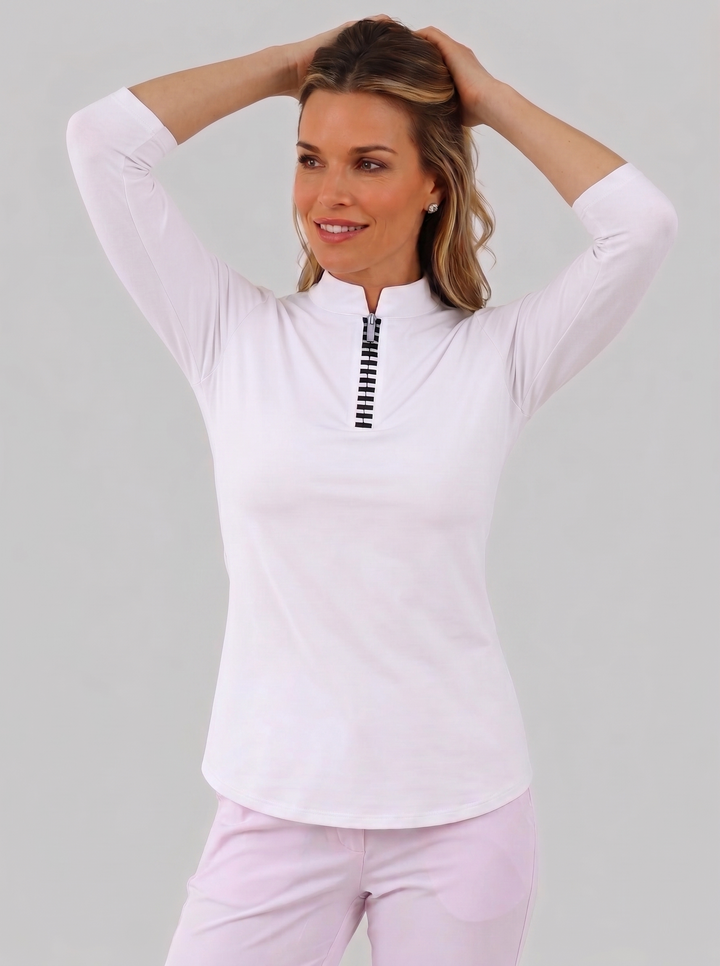 Solid Knit 3/4 Sleeve Zip Mock Neck Stripe Top