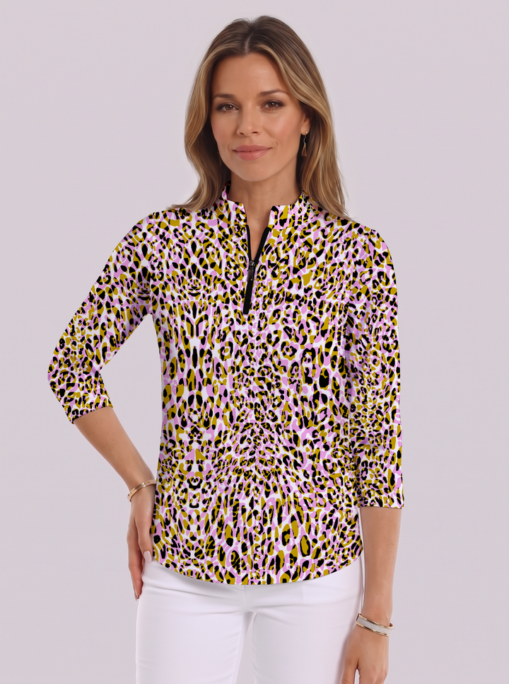 Cat Country Print Cotton knit 3/4 Sleeve Mock Neck Top