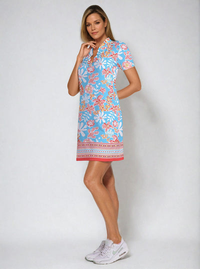 Paradise Island Print Cotton Knit Half Sleeve Ruffle Portrait Neck Dress