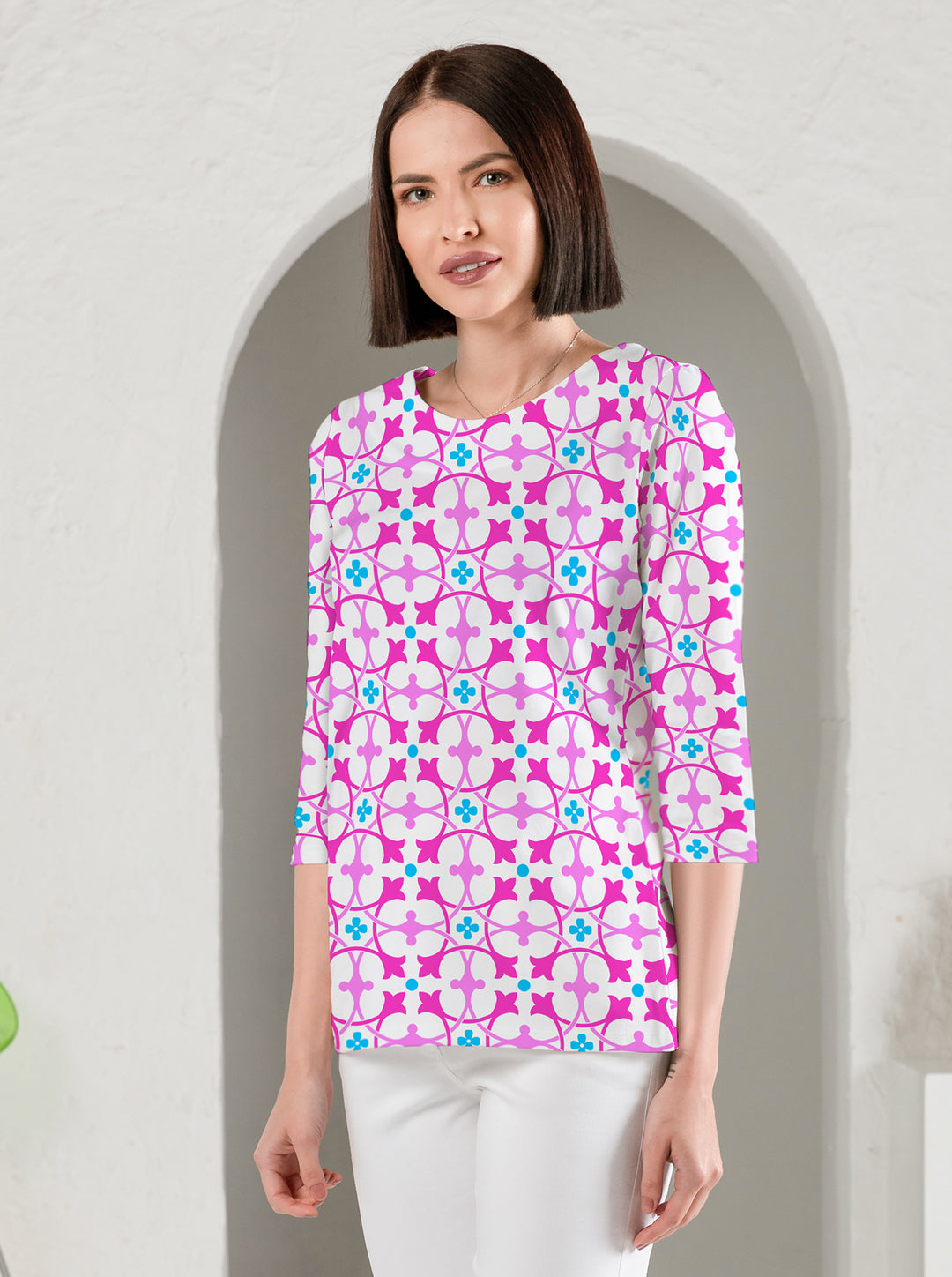 Close To Heart Print 3/4 Sleeve Scoop Neck Top – Rezobay