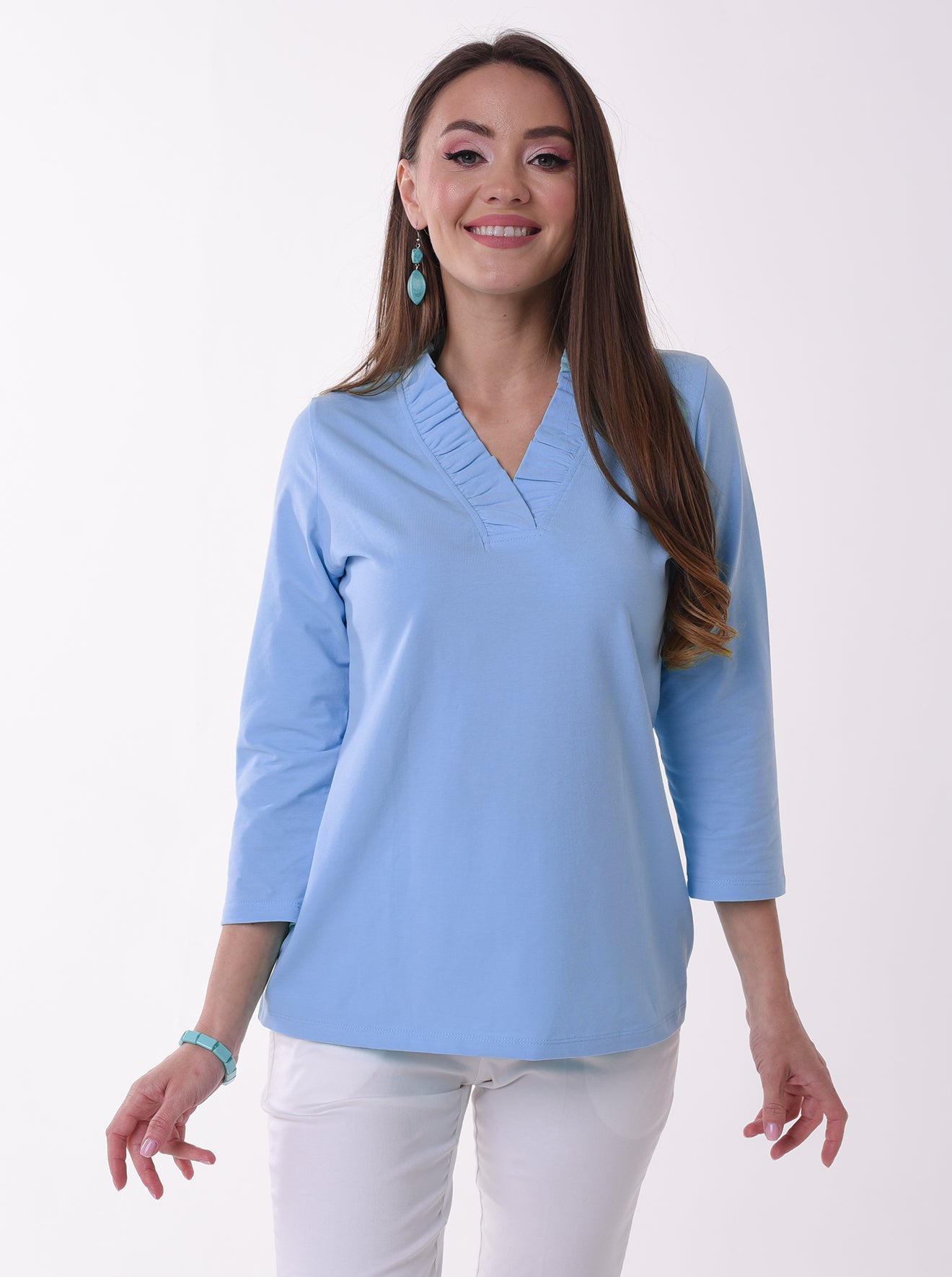 Solid Knit 3/4 Sleeve Ruffle Portrait Neck Top