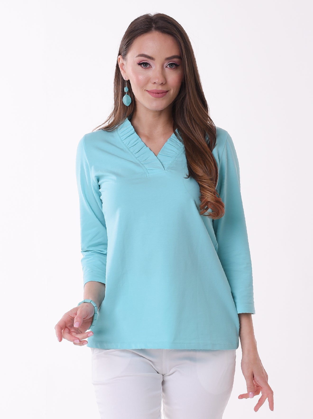 Solid Knit 3/4 Sleeve Ruffle Portrait Neck Top