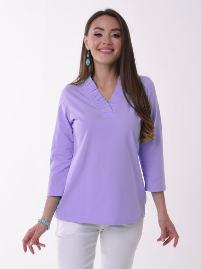 Solid Knit 3/4 Sleeve Ruffle Portrait Neck Top