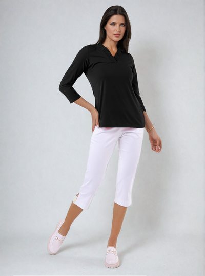 Solid Knit 3/4 Sleeve Ruffle Portrait Neck Top