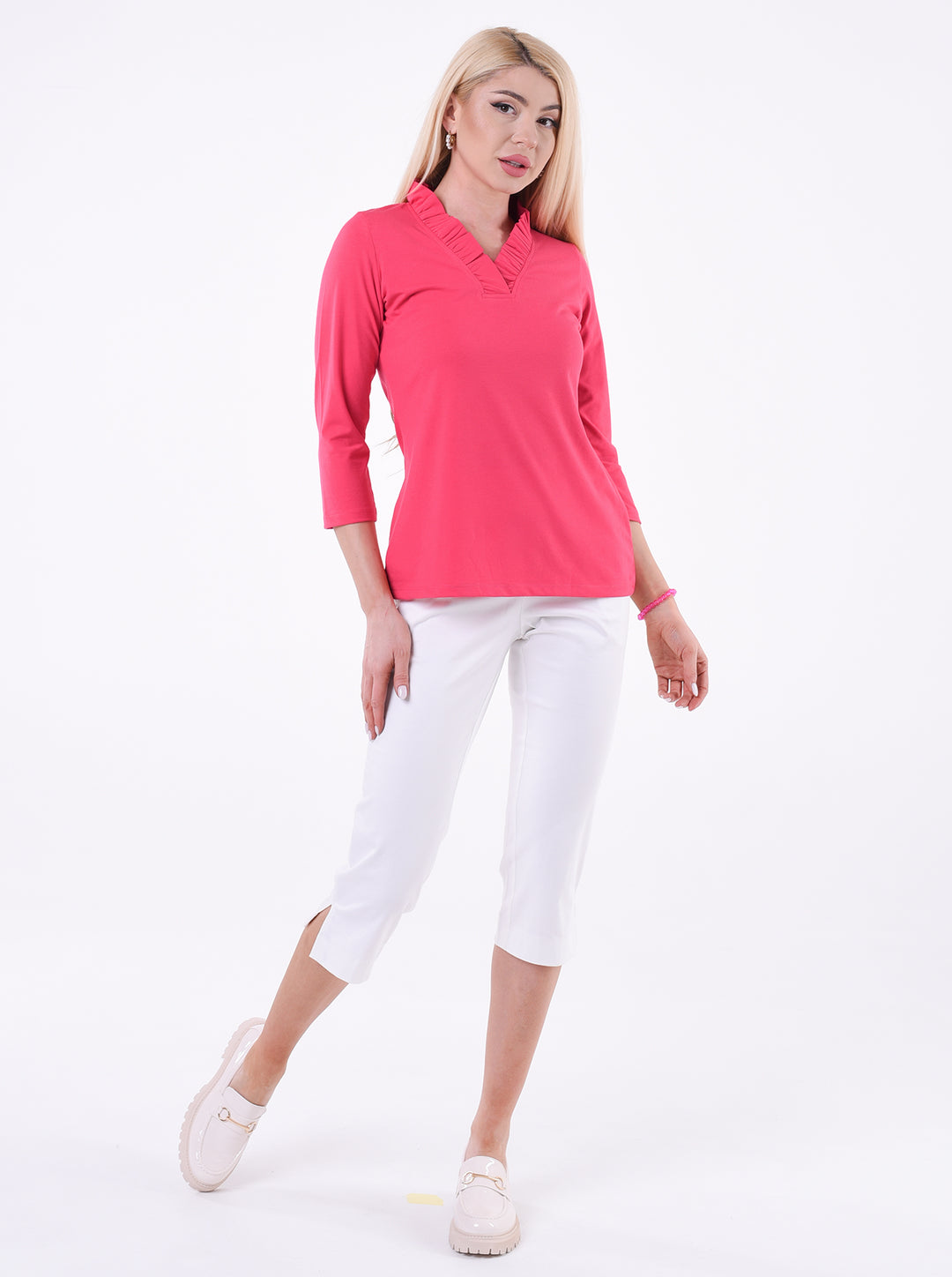 Solid Knit 3/4 Sleeve Ruffle Portrait Neck Top