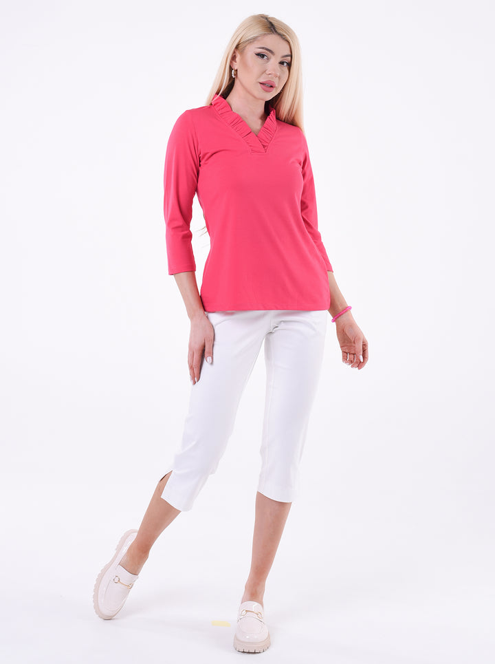 Solid Knit 3/4 Sleeve Ruffle Portrait Neck Top