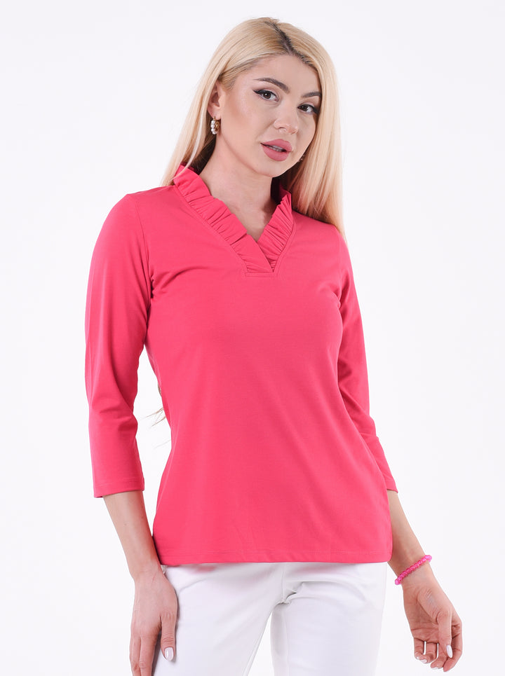 Solid Knit 3/4 Sleeve Ruffle Portrait Neck Top