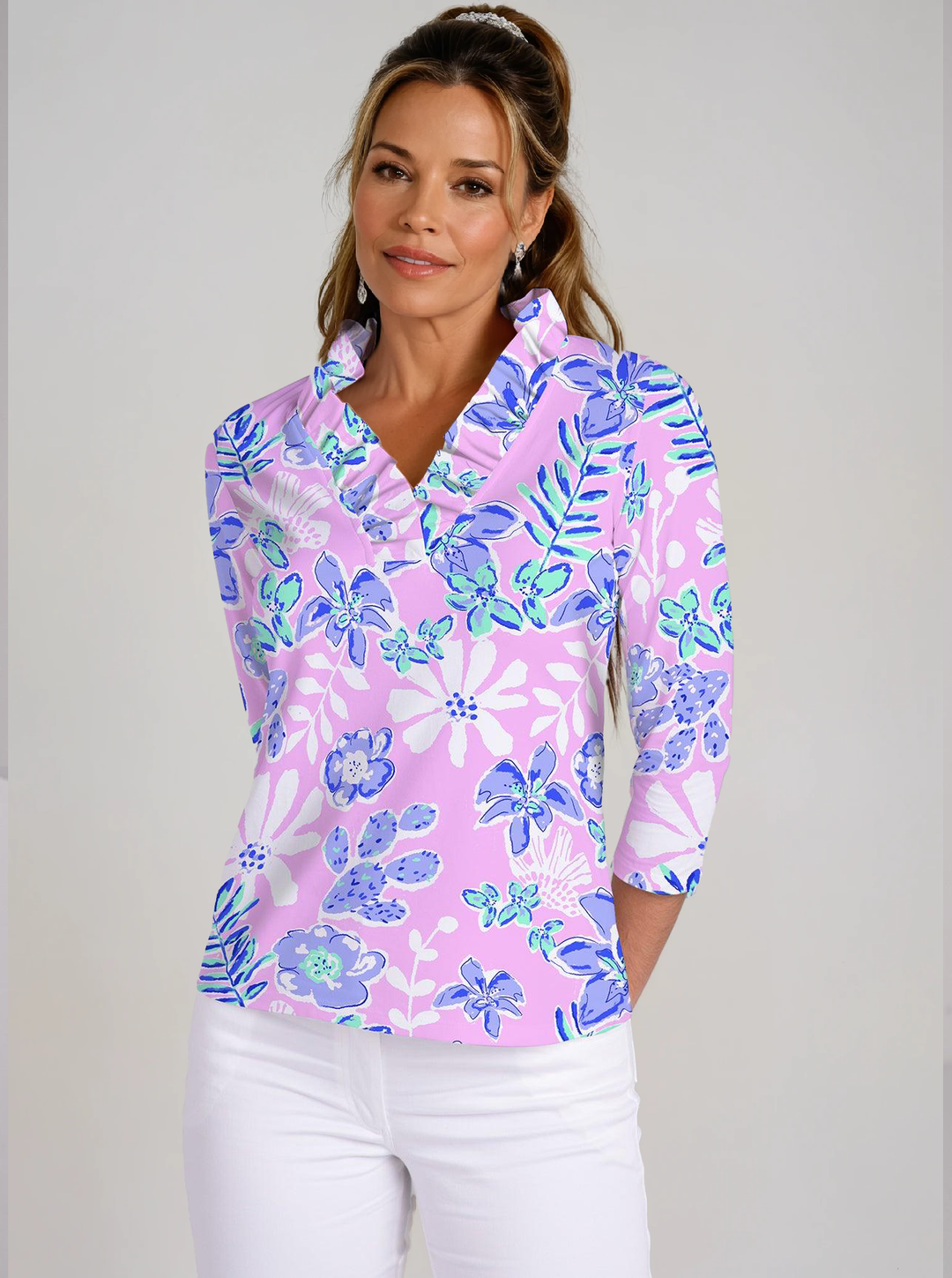 Paradise Island  print cotton Knit 3/4 Sleeve Ruffle Portrait Neck Top