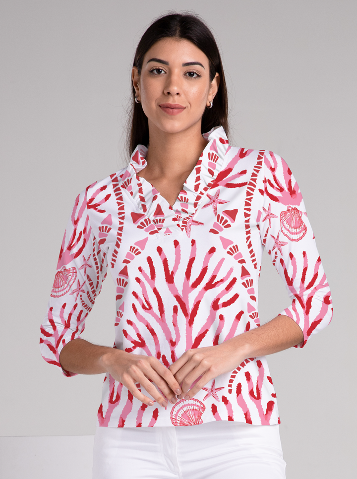 Coralia print cotton Knit 3/4 Sleeve Ruffle Portrait Neck Top