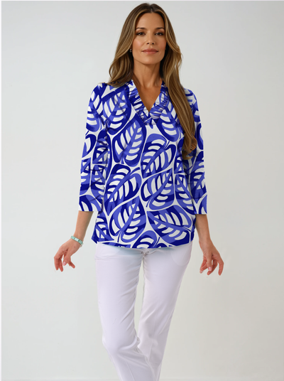 Big Forest Print Cotton Knit 3/4 Sleeve Ruffle Portrait Neck Top