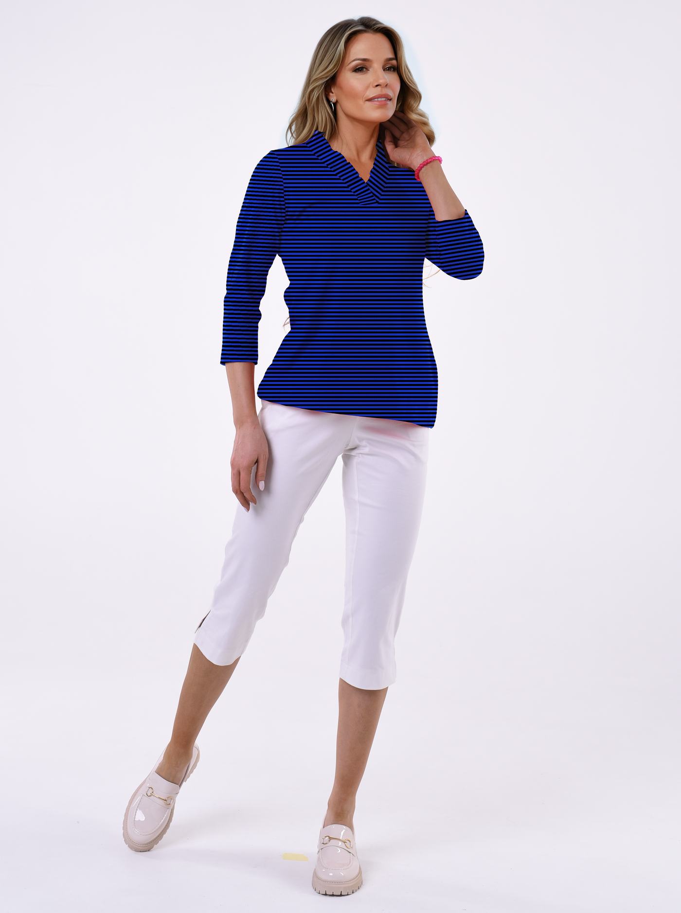 Verona stripe print cotton Knit 3/4 Sleeve Ruffle Portrait Neck Top