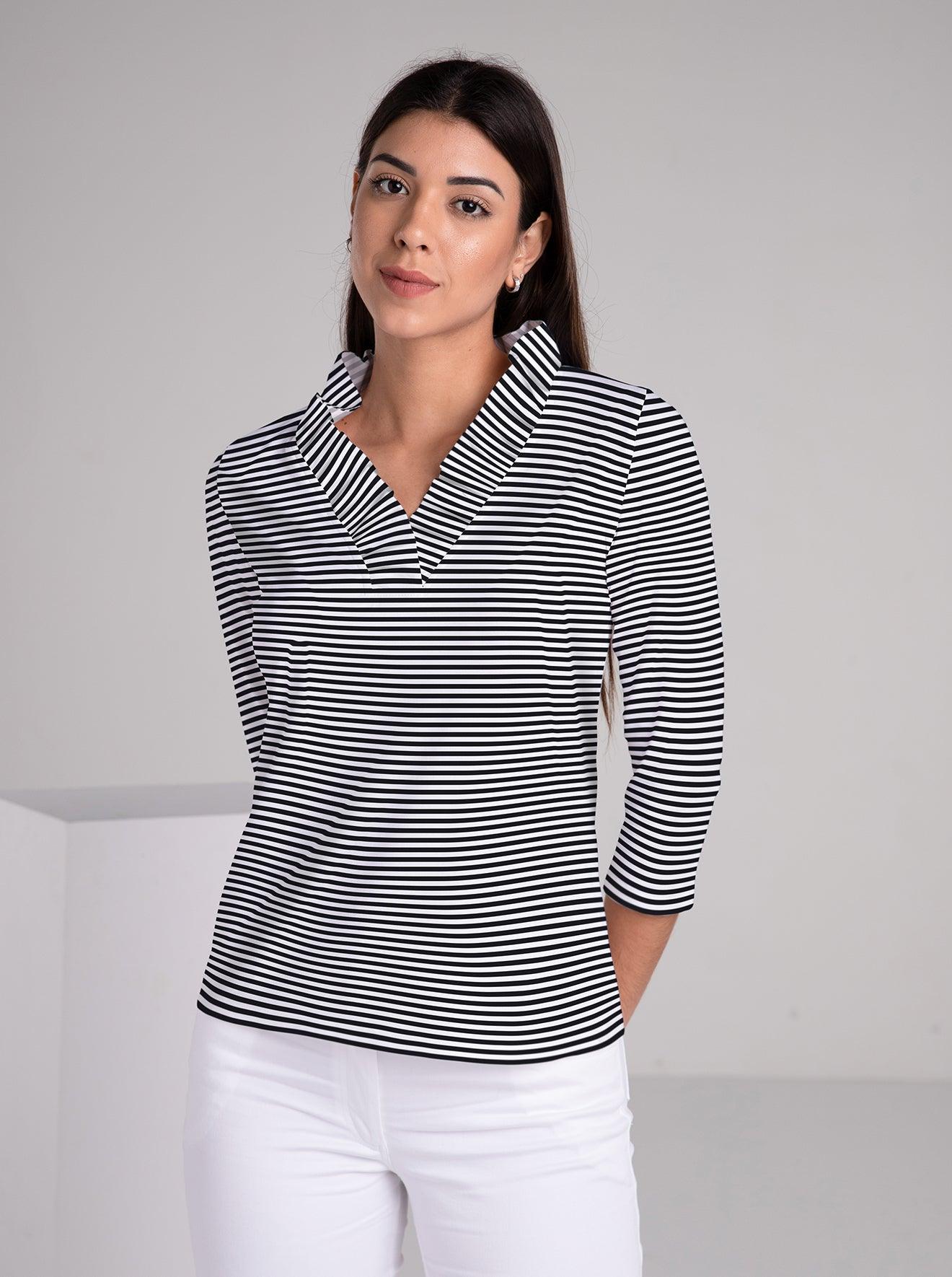 Verona Stripe print cotton Knit 3/4 Sleeve Ruffle Portrait Neck Top - Rezobay