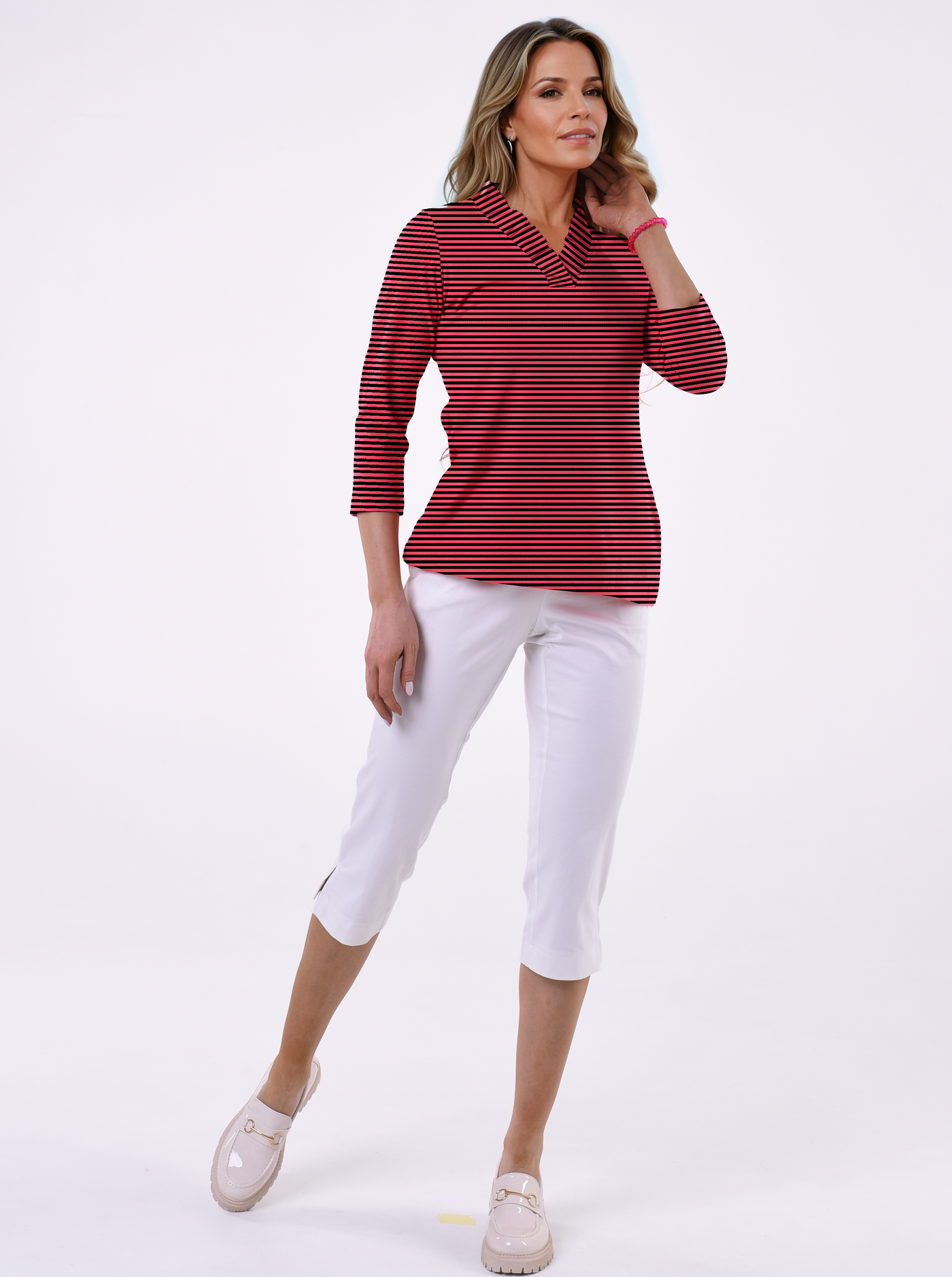 Verona stripe print cotton Knit 3/4 Sleeve Ruffle Portrait Neck Top