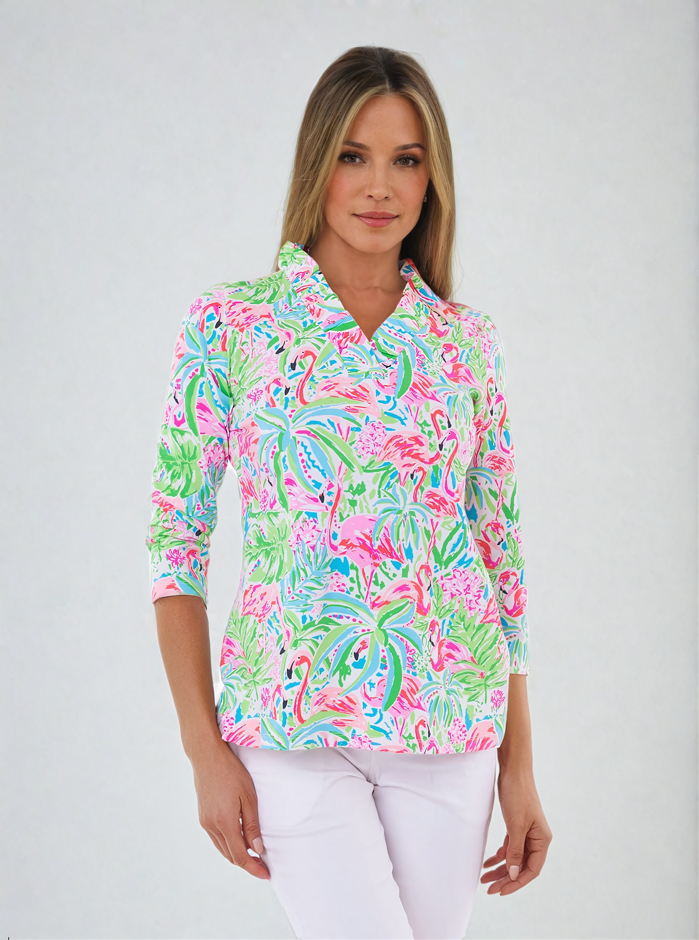 Flamingo Foliage print cotton Knit 3/4 Sleeve Ruffle Portrait Neck Top