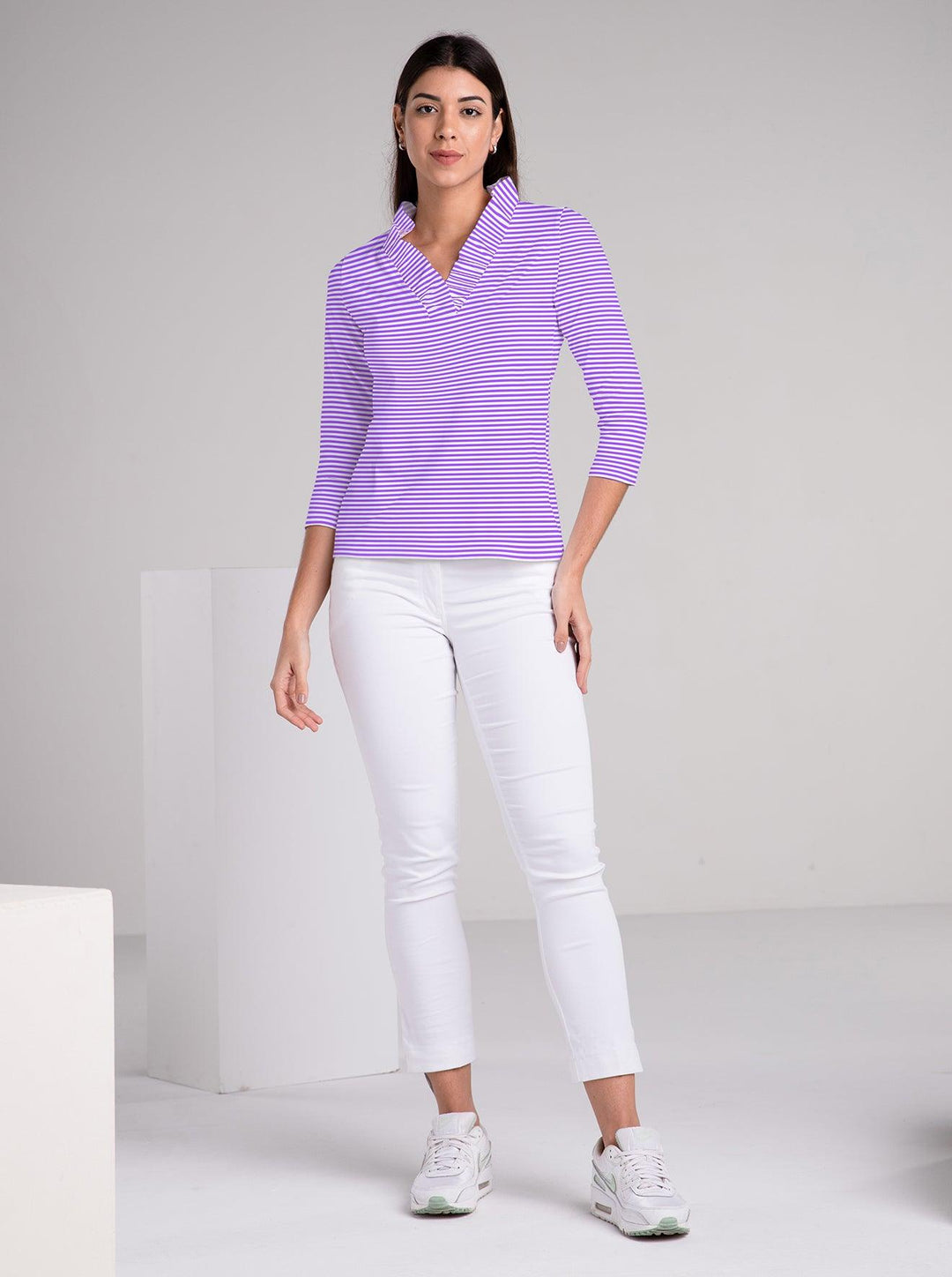 Verona Stripe print cotton Knit 3/4 Sleeve Ruffle Portrait Neck Top - Rezobay