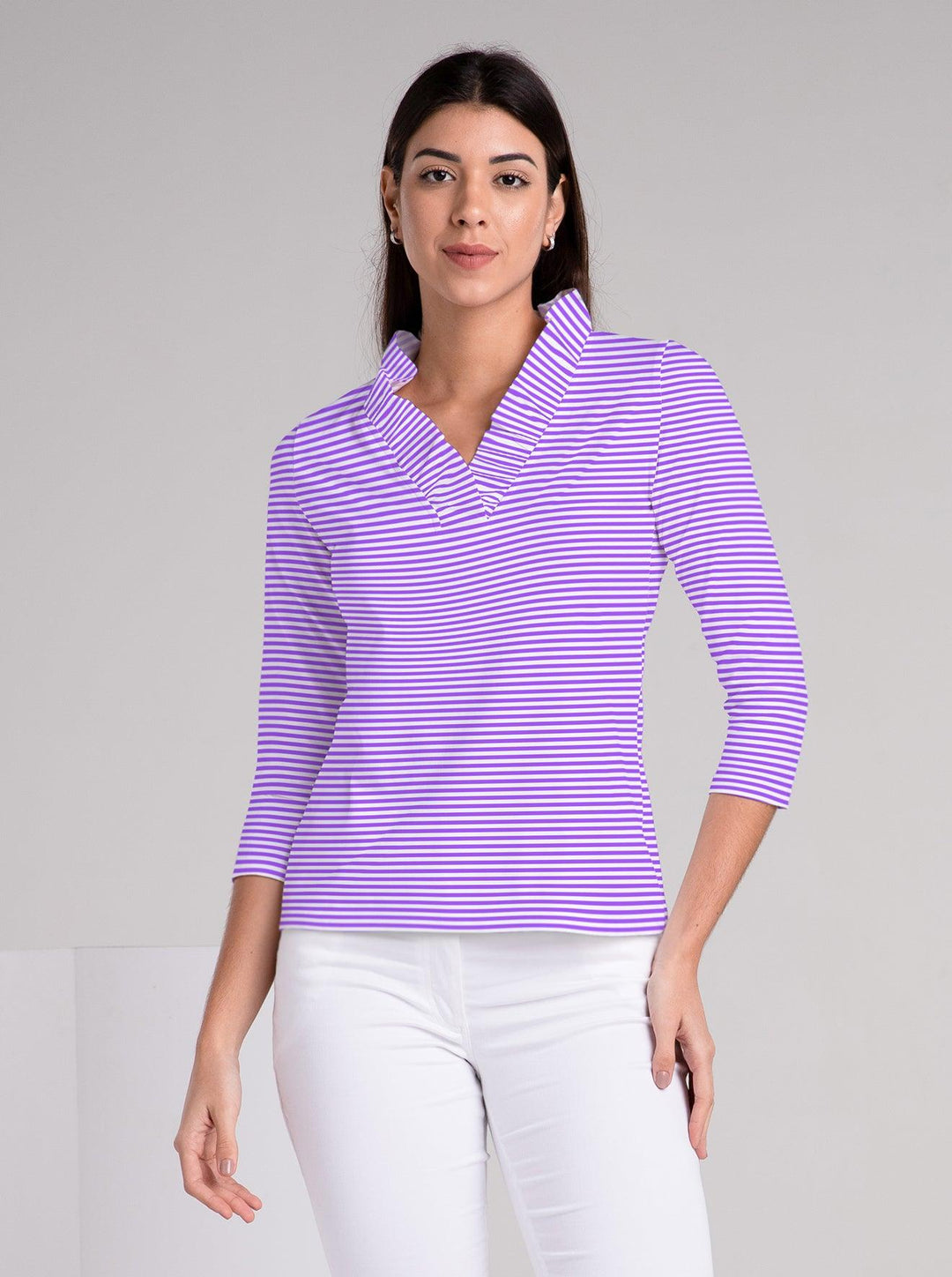 Verona Stripe print cotton Knit 3/4 Sleeve Ruffle Portrait Neck Top - Rezobay