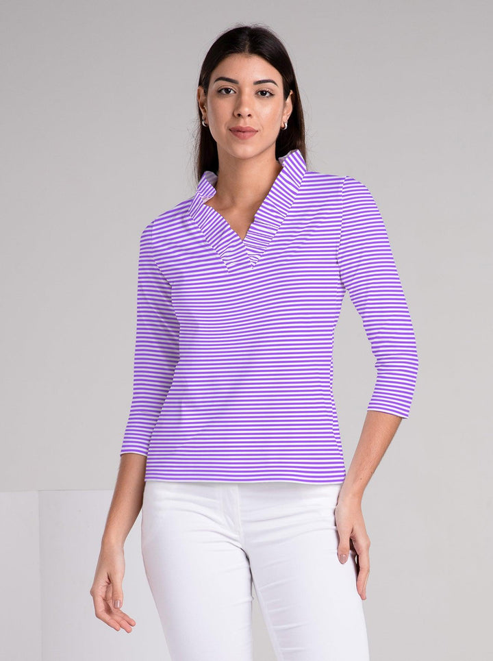 Verona Stripe print cotton Knit 3/4 Sleeve Ruffle Portrait Neck Top - Rezobay