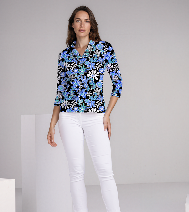 Paradise Island Print Cotton Knit 3/4 Sleeve Ruffle Portrait Neck Top