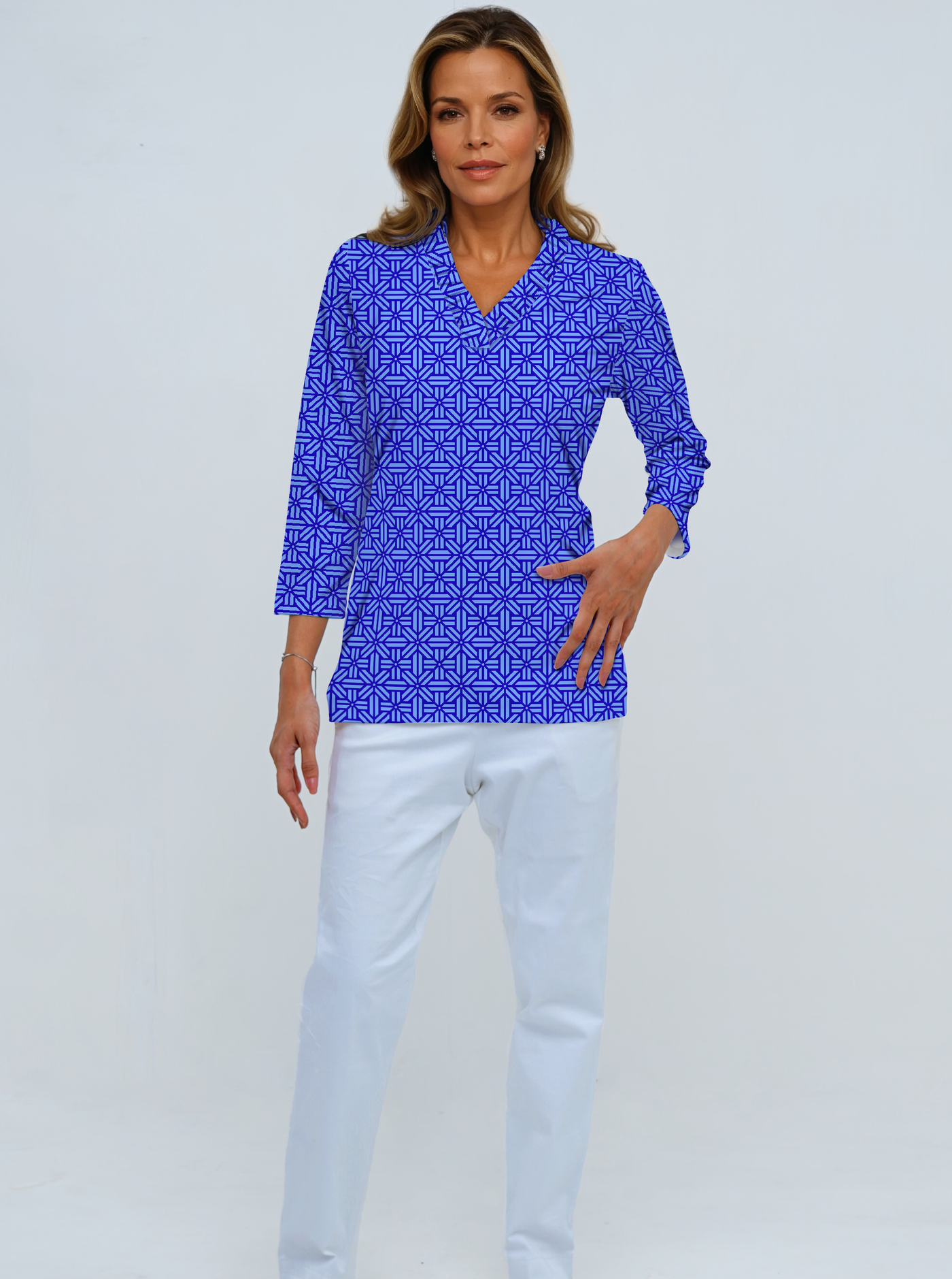 Rattan Print Cotton Knit 3/4 Sleeve Ruffle Portrait Neck Top