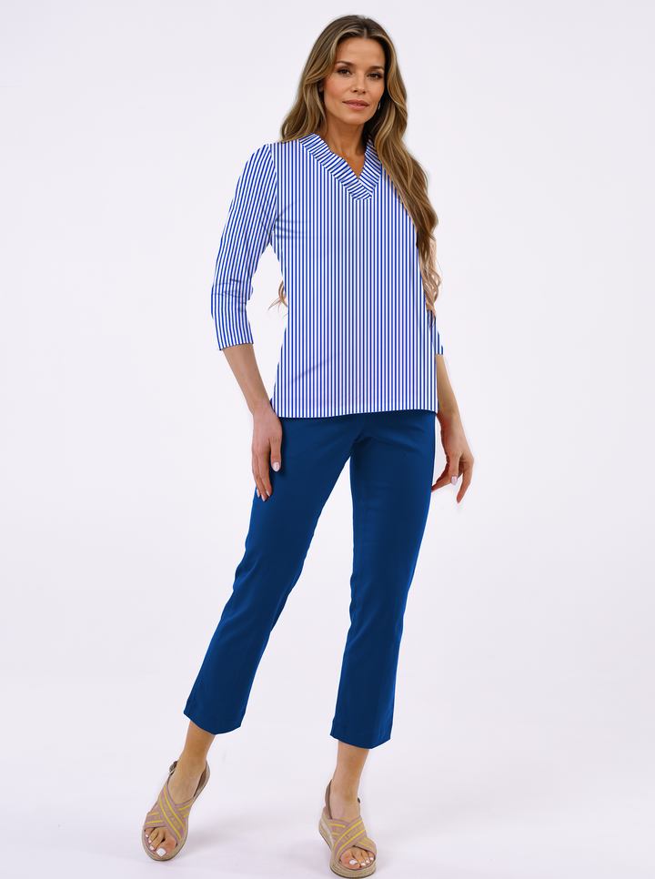 Vertical stripe print cotton Knit 3/4 Sleeve Ruffle Portrait Neck Top