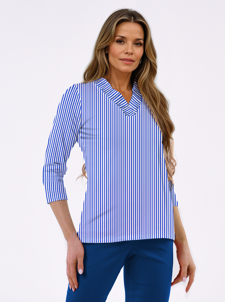 Vertical stripe print cotton Knit 3/4 Sleeve Ruffle Portrait Neck Top
