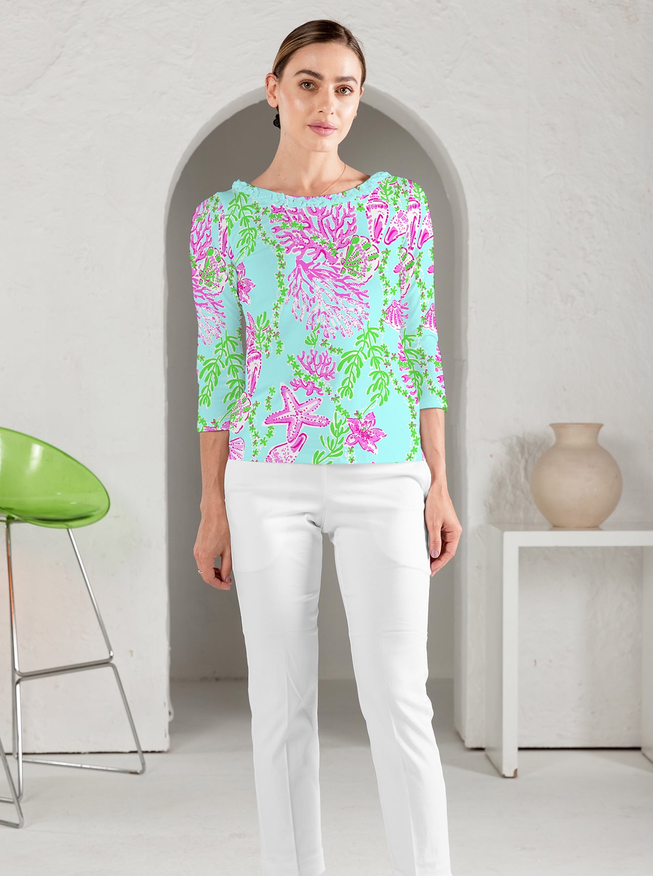 Bermuda Reef Print 3/4 Sleeve Ruffle Scoop Neck Top