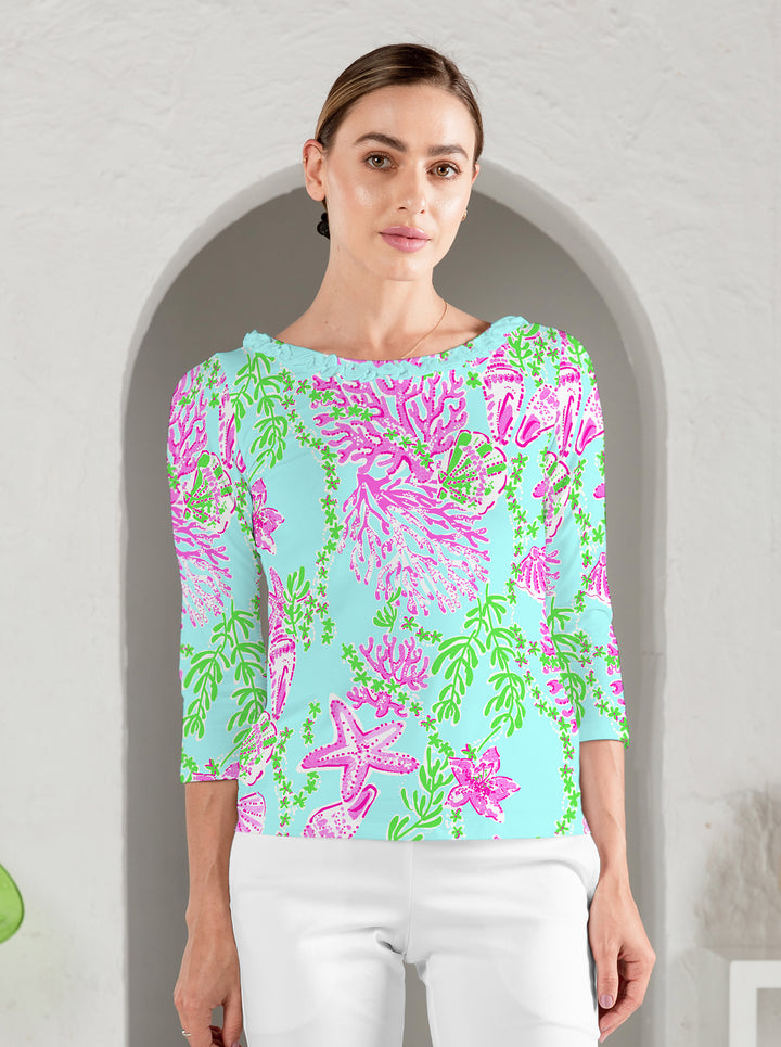 Bermuda Reef Print Cotton knit 3/4 Sleeve Ruffle Scoop Neck Top