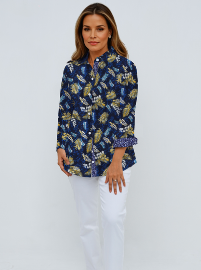 Super Soft Woven 3/4 Sleeve Shirt With Contrast Trim Cuffs & Collar