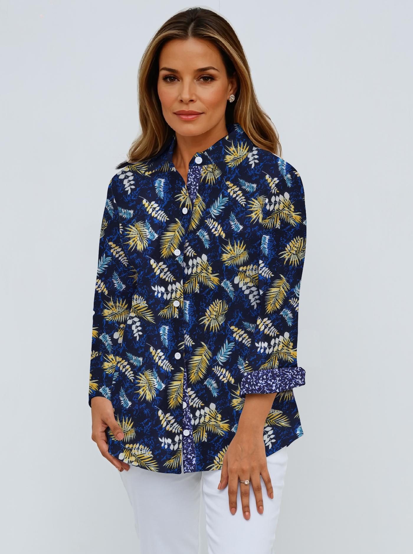 Super Soft Woven 3/4 Sleeve Shirt With Contrast Trim Cuffs & Collar