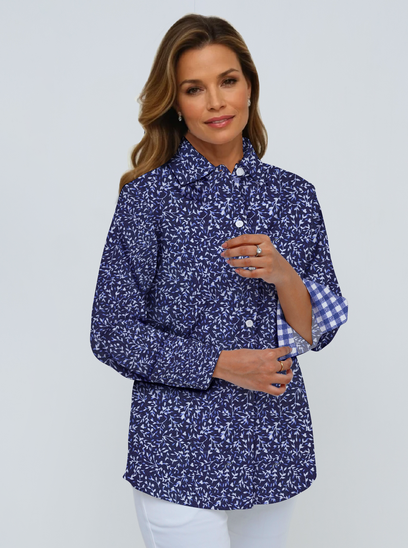 Super Soft Woven 3/4 Sleeve Shirt With Contrast Trim Cuffs & Collar