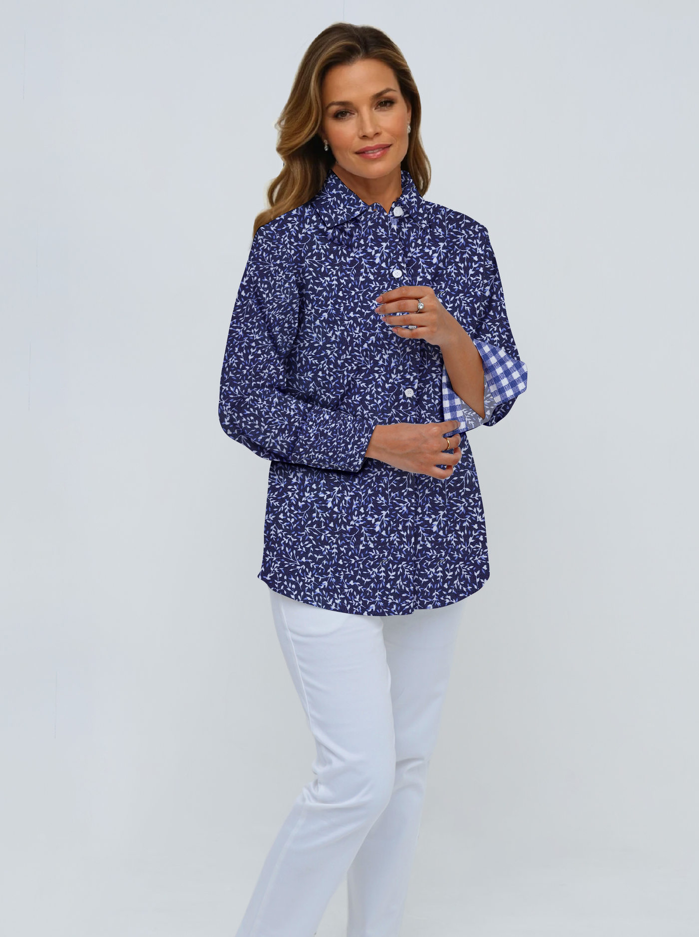 Super Soft Woven 3/4 Sleeve Shirt With Contrast Trim Cuffs & Collar