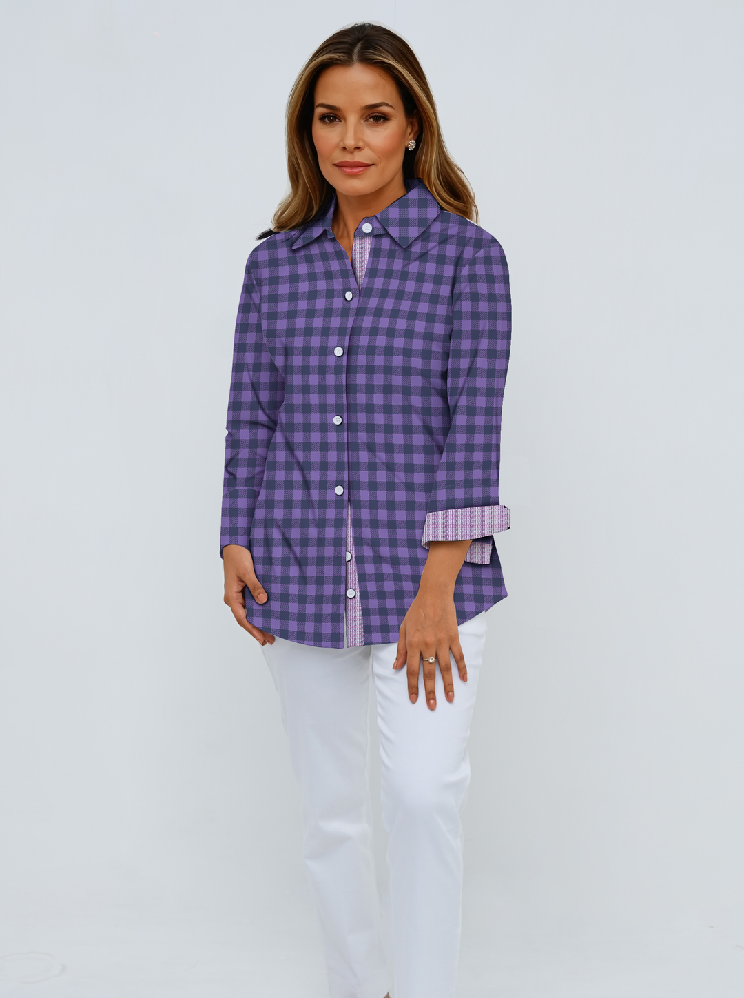 Super Soft Woven 3/4 Sleeve Shirt With Contrast Trim Cuffs &amp; Collar