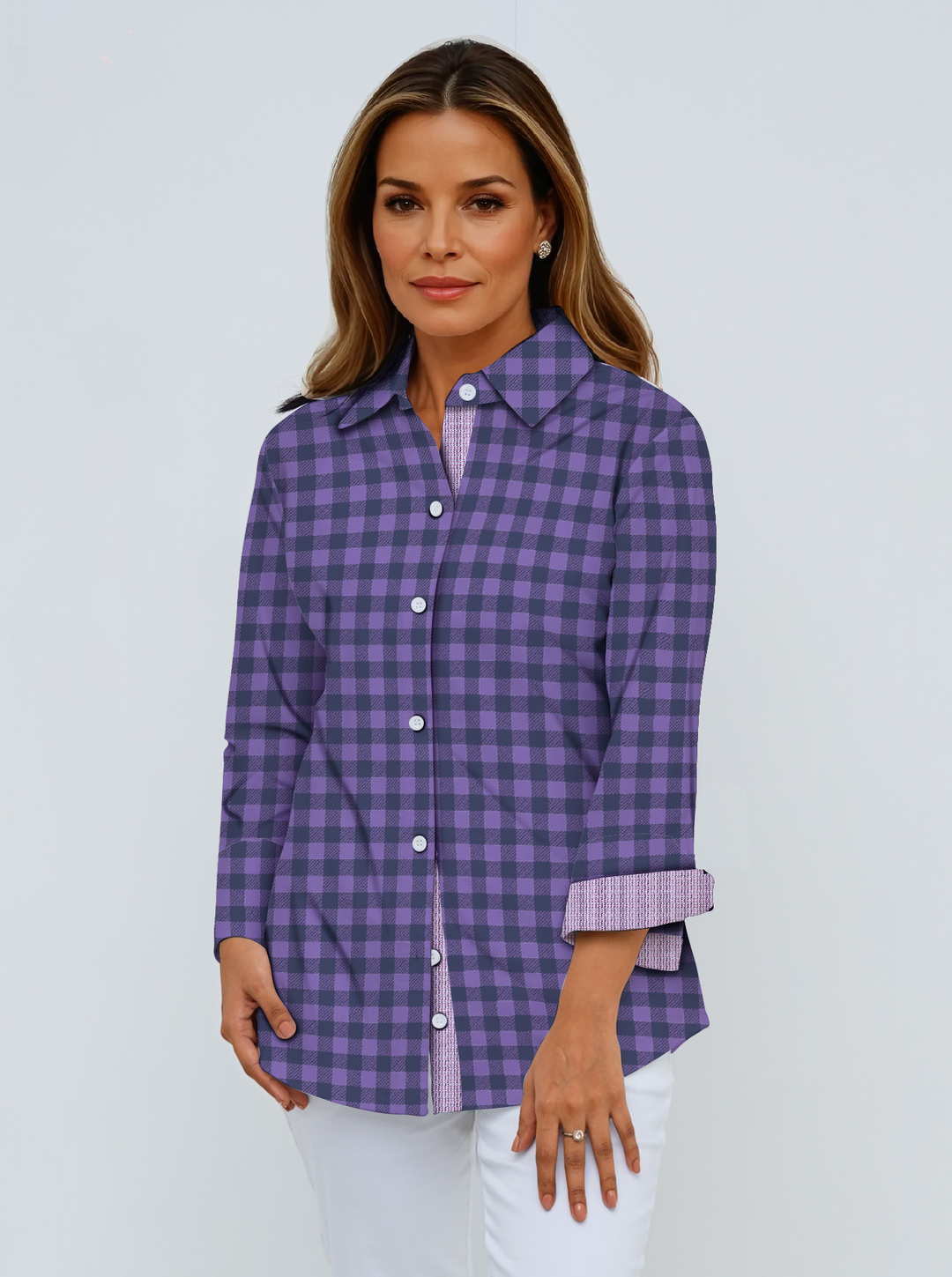 Super Soft Woven 3/4 Sleeve Shirt With Contrast Trim Cuffs &amp; Collar