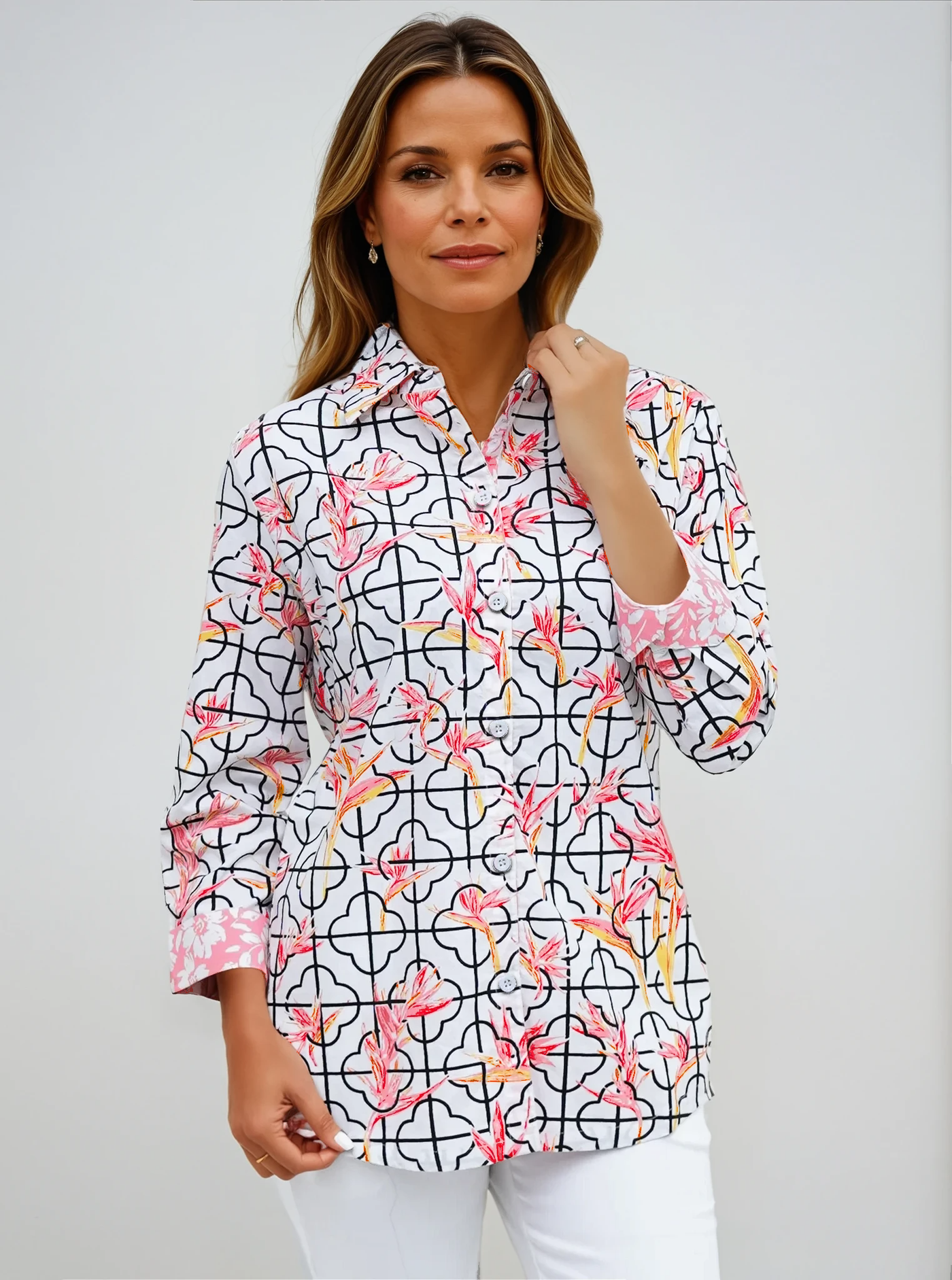 Cotton Printed 3/4 Sleeve Shirt With Contrast Trim Cuffs & Collar