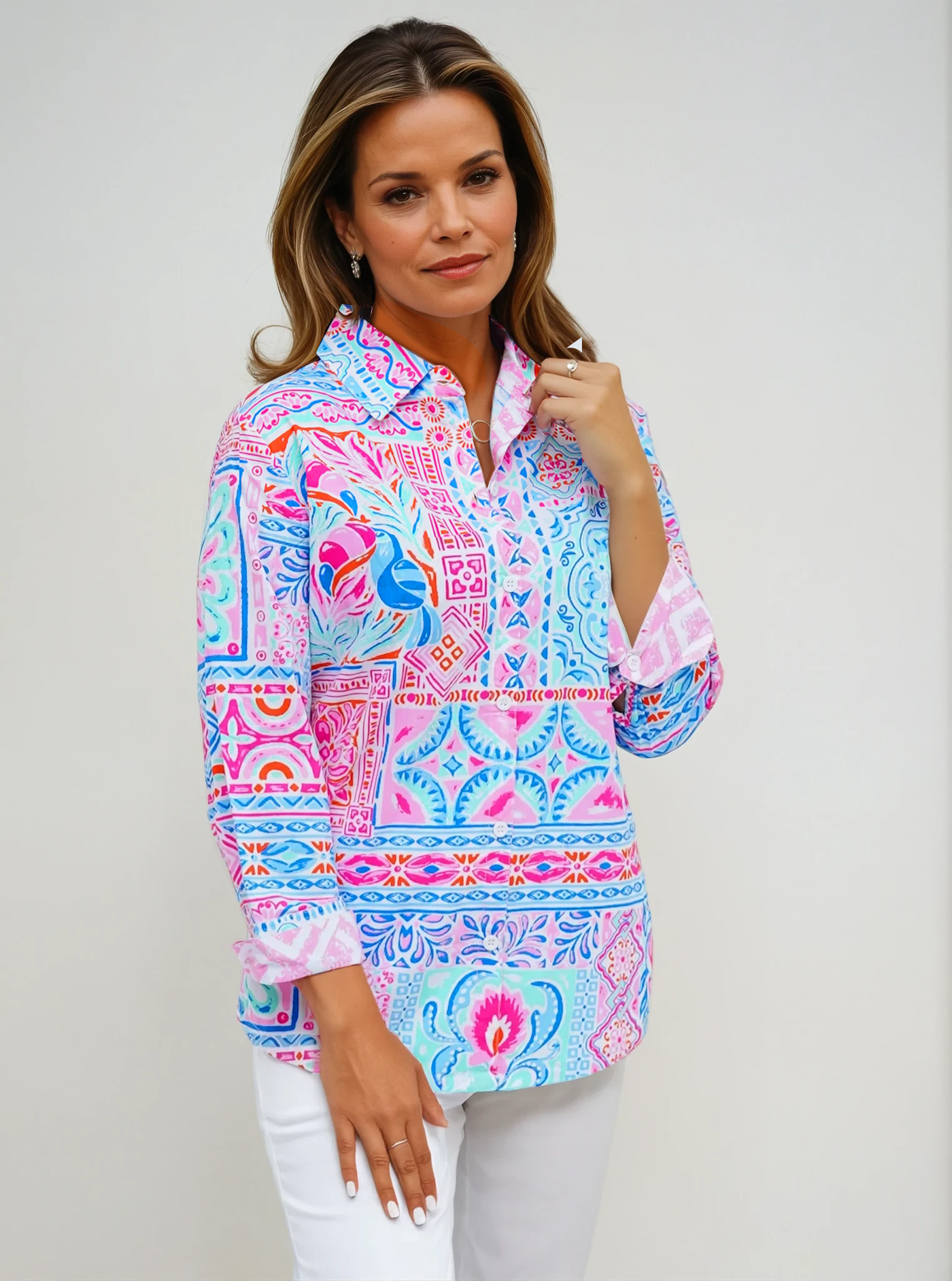 Cotton Printed 3/4 Sleeve Shirt With Contrast Trim Cuffs & Collar