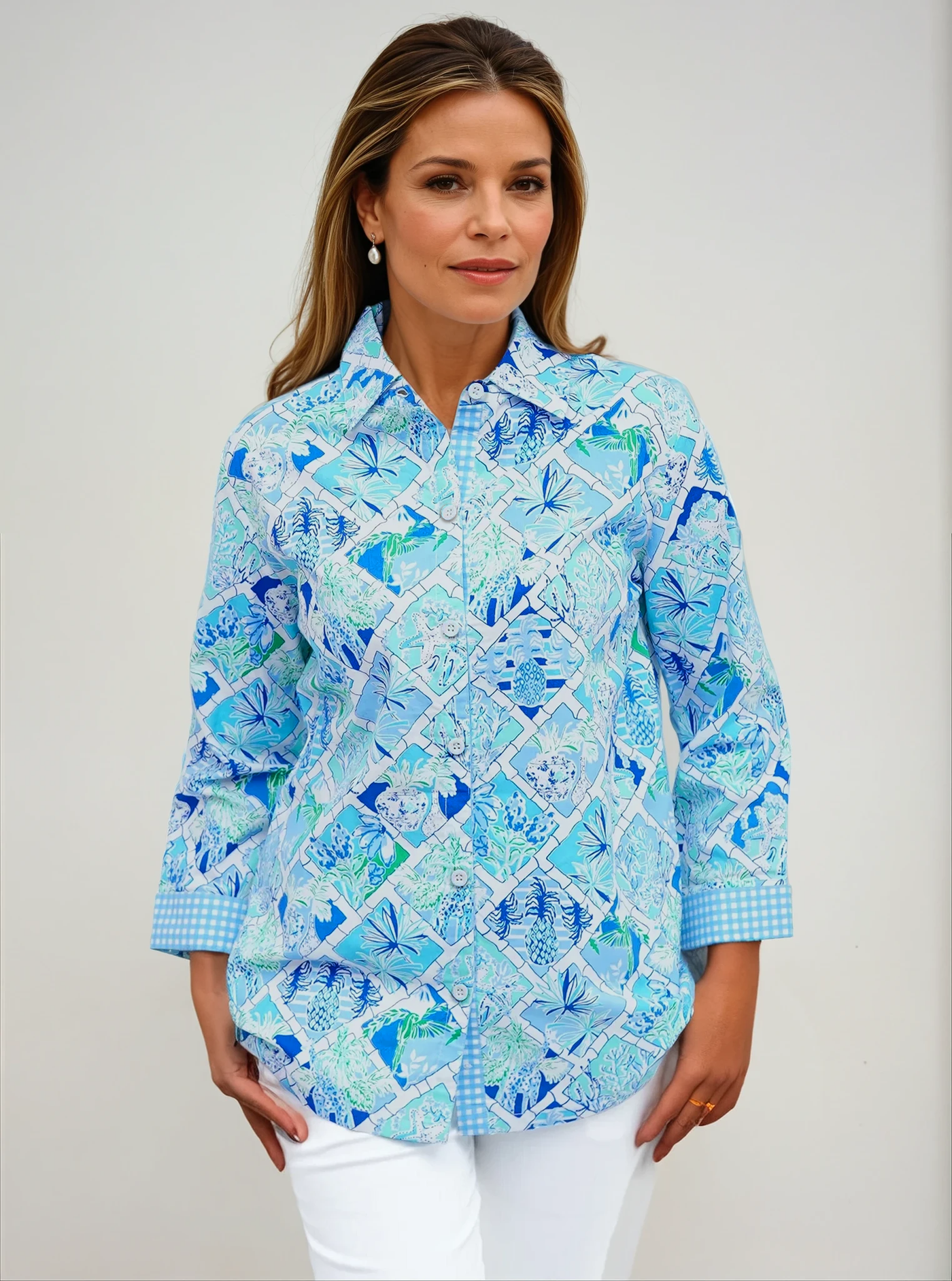 Cotton Printed 3/4 Sleeve Shirt With Contrast Trim Cuffs & Collar