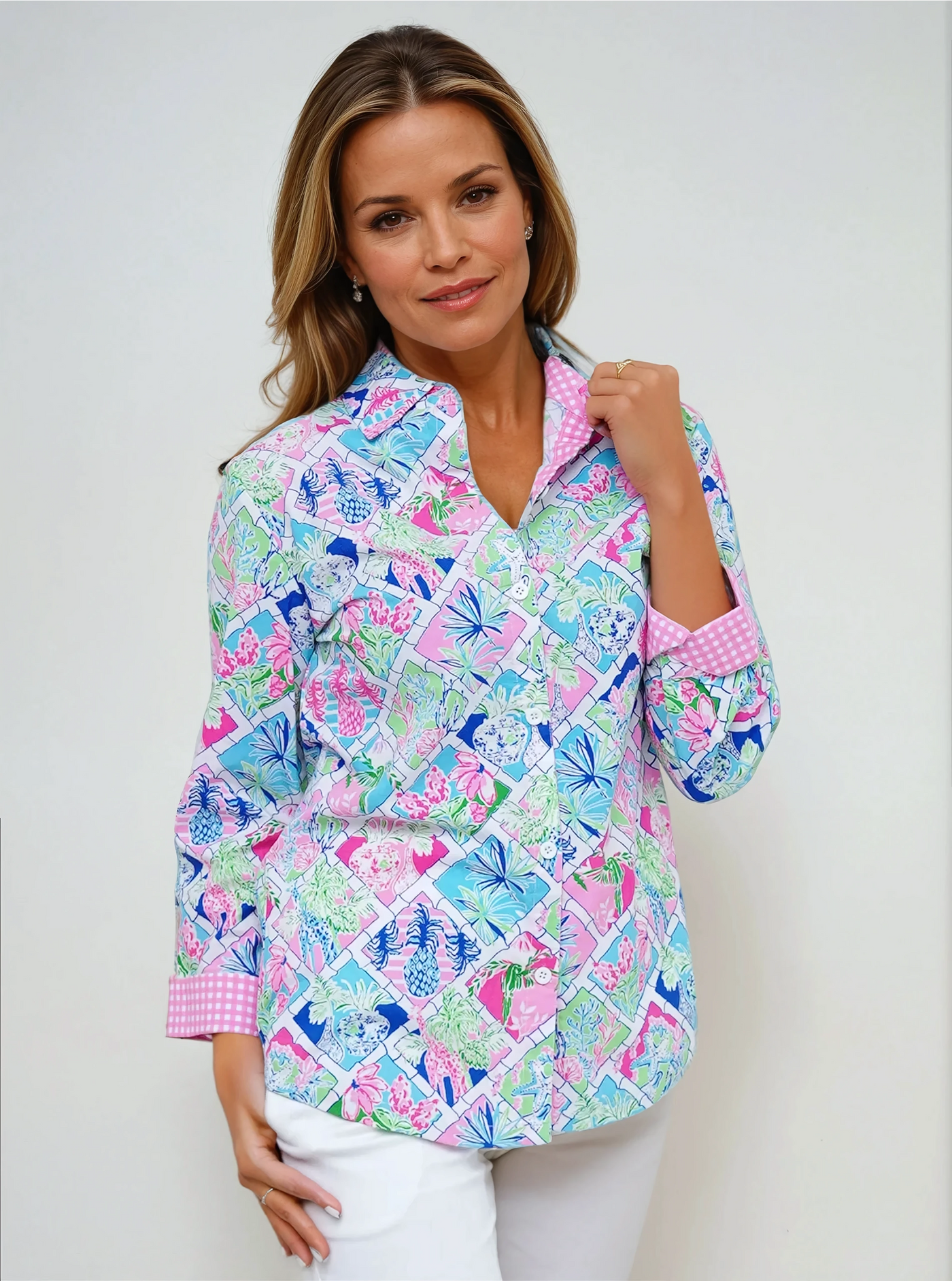 Cotton Printed 3/4 Sleeve Shirt With Contrast Trim Cuffs & Collar